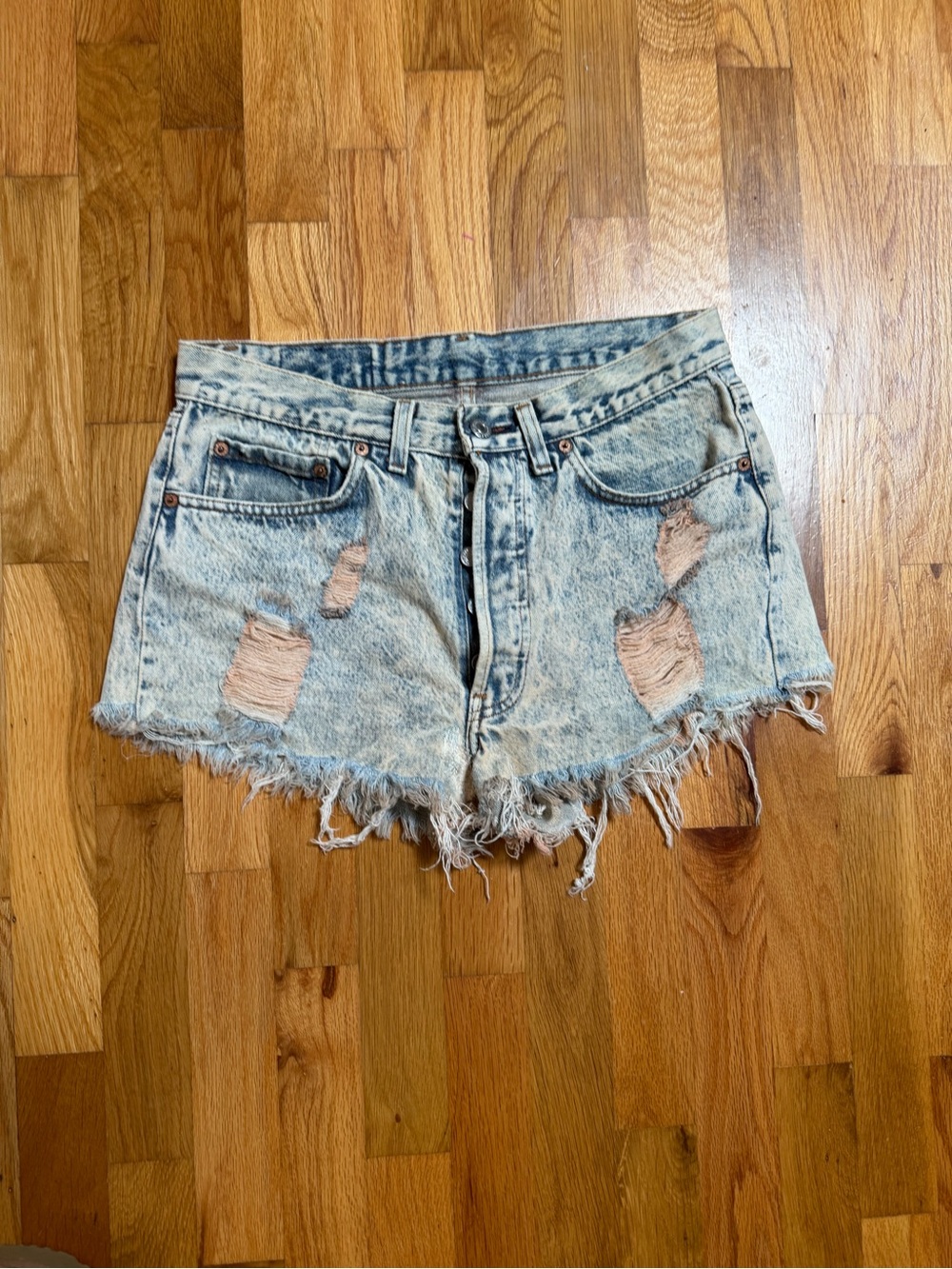 Upcycled Levis Light Acid Wash Distressed Denim Shorts